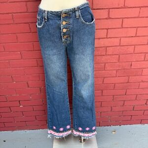 Vtg Y2K Bongo Jeans Low Rise‎ Flare Denim Button Fly Floral Trim Size 5 Cotton